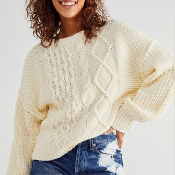 Free People Dream Cable Crew Sweater  Ivory – Size Small - Picture 1 of 11